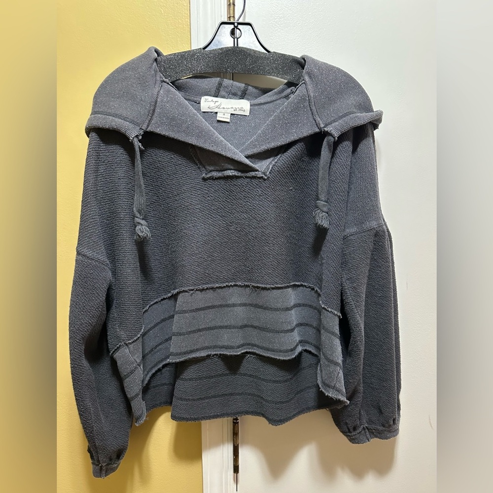 Vintage Havana Oversized Cropped Textured  Bluish Gray/Black Pullover Hoodie (S)